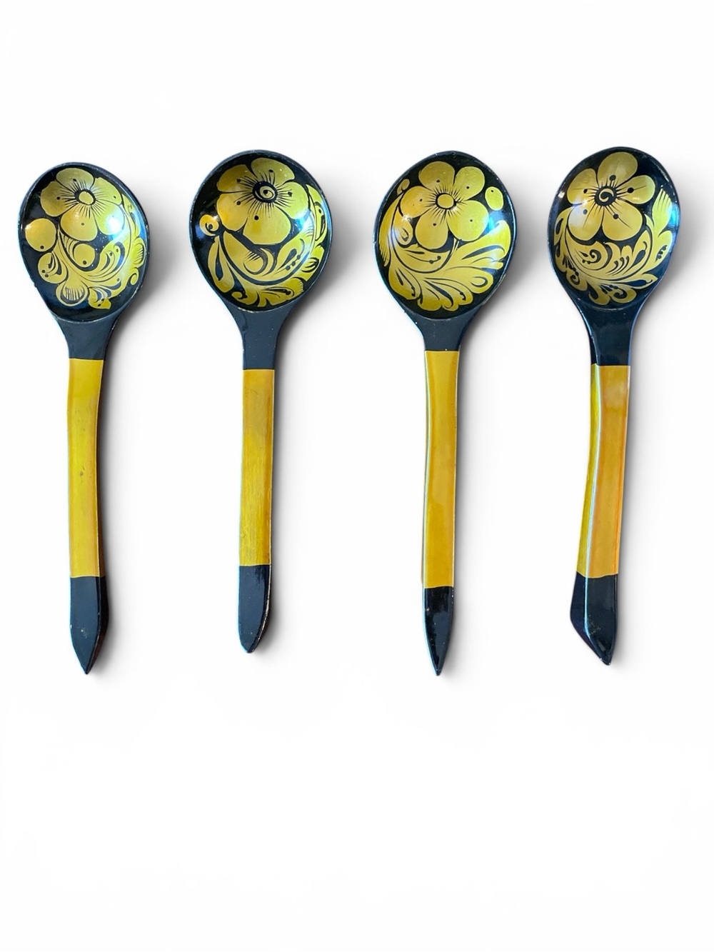 Set of 4 Vintage Russian Khokhloma Hand-Painted Wooden Spoons Black & Gold